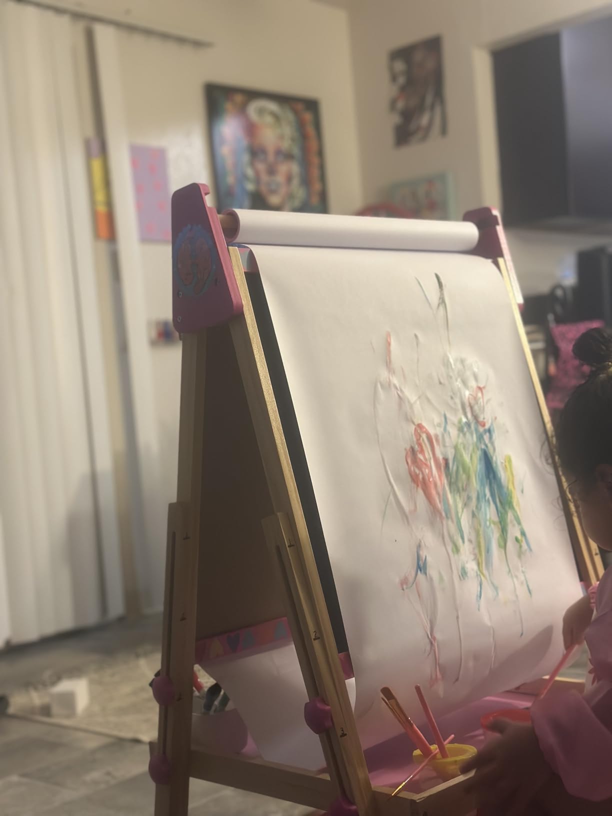 3-in-1 Adjustable Kids Art Easel with Magnetic Whiteboard, Chalkboard & 3 Paper Rolls, All-in-One Double Sided Wooden Painting Easel with Accessories for Toddlers and Kids Ages 3+ customer photo 2