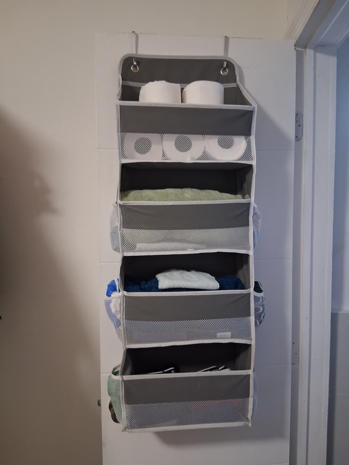 SpaceHacks 1 Pack Over The Door Organizer, Hanging Storage Organizer with Clear Window, 40lb Ultra Sturdy Large Capacity Room Organizer for Pantry Laundry Bathroom Nursery Closet Baby Essential (Grey) customer photo 2