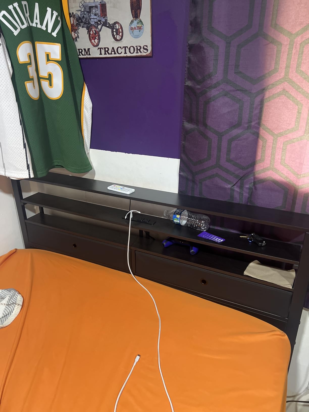 Furnulem Twin Bed Frames with Charging Station and LED Lights, Wood Headboard with 2 Fabric Drawers and Storage Shelves, Twin Size Platform Bed with Metal Slats, No Box Spring Needed, Black Oak customer photo 1