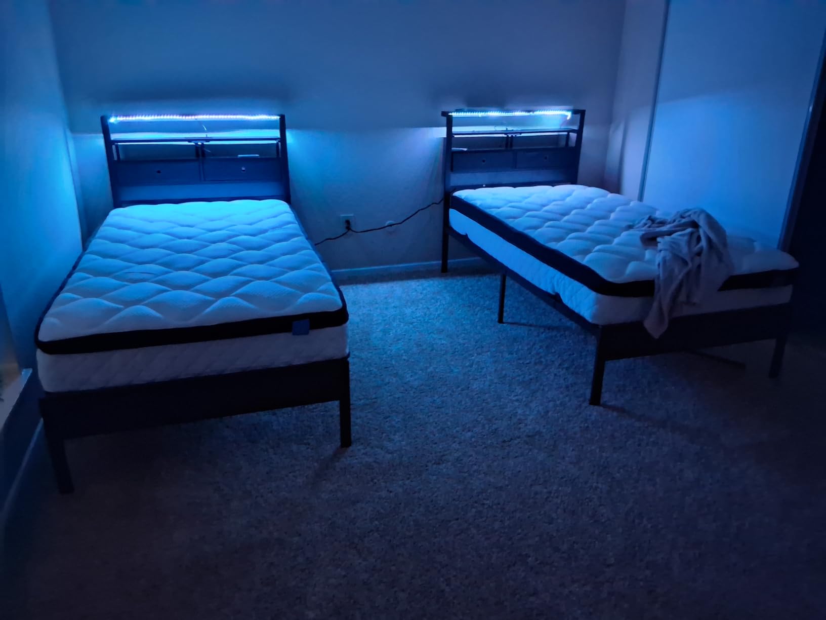 Furnulem Twin Bed Frames with Charging Station and LED Lights, Wood Headboard with 2 Fabric Drawers and Storage Shelves, Twin Size Platform Bed with Metal Slats, No Box Spring Needed, Black Oak customer photo 2