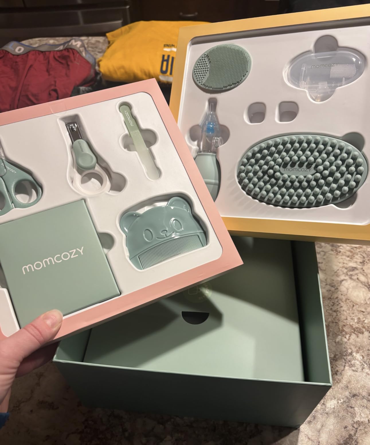 Momcozy Core Baby Kit, Baby Shower & Registry Essential Kit for Grooming & Health & Cleansing Care, Includes Nail File Kits, Nasal Aspirator, Gas Relief Tubes, Bath Brushes, Toothbrush, Comb, Storage Case customer photo 1