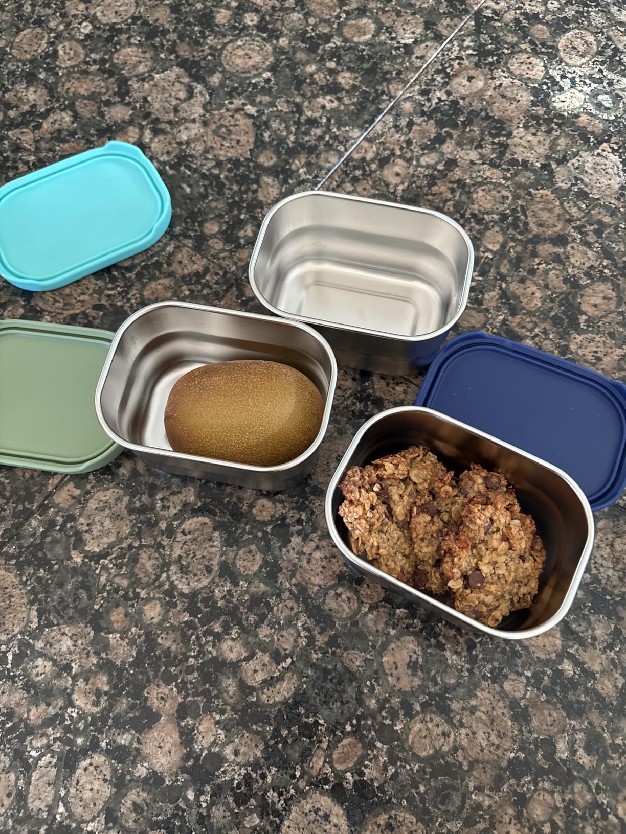 Gencywe 3 Pack Stainless Steel Snack Containers for Kids, 8 oz Easy Open Leak Proof Small Toddler Snack Containers with Silicone Lids, Stackable Metal Lunch Box for Daycare and School (Blue) customer photo 2