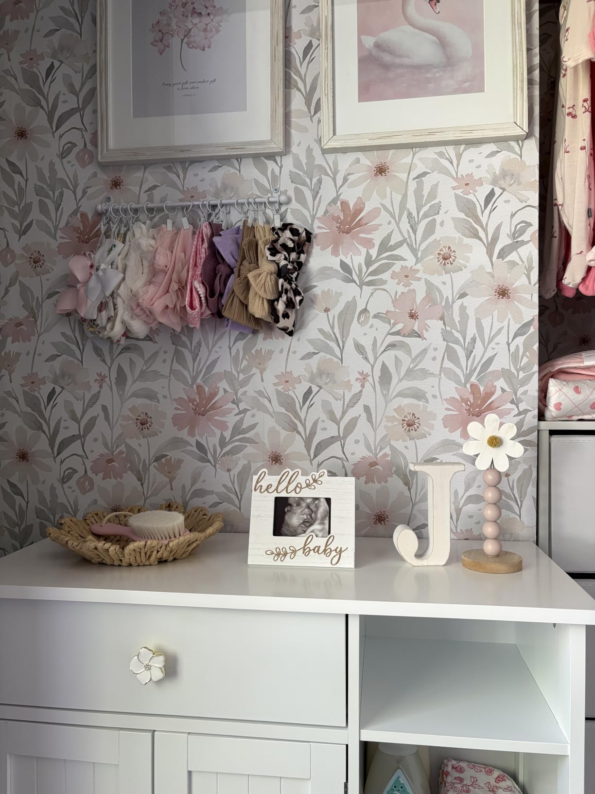 CiCiwind Pink Floral Peel and Stick Wallpaper Farmhouse Removable Self Adhesive Modern Wall Paper for Bedroom Bathroom Light Green Leaf Contact Paper for Cabinets Shelf Drawer 17.3 x 78.7 customer photo 1