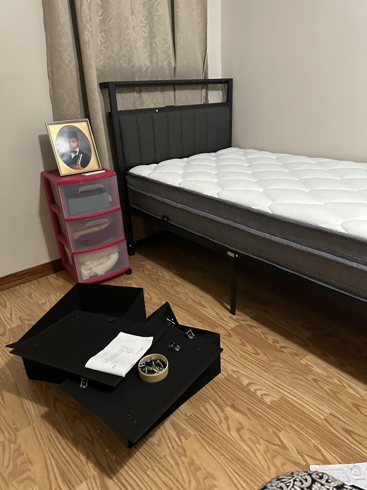 Furnulem Full Size Bed Frame with Charging Station and LED Lights, Grey Upholstered Headboard with Shelves, Metal Platform Bed with 2 Under-Bed Storage (Fabric Drawer on Wheels), No Box Spring Needed customer photo 1