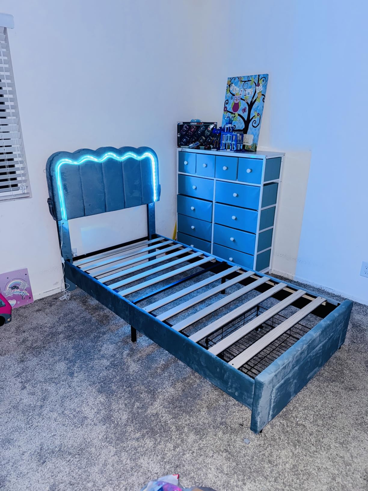 Twin Upholstered LED Bed Frame with Storage Drawer and Adjustable Chic Double Wavy Headboard, Velvet Princess Platform Bed for Girls/Kids, Solid Wood Slats Support, No Box Spring Needed, Pink customer photo 2