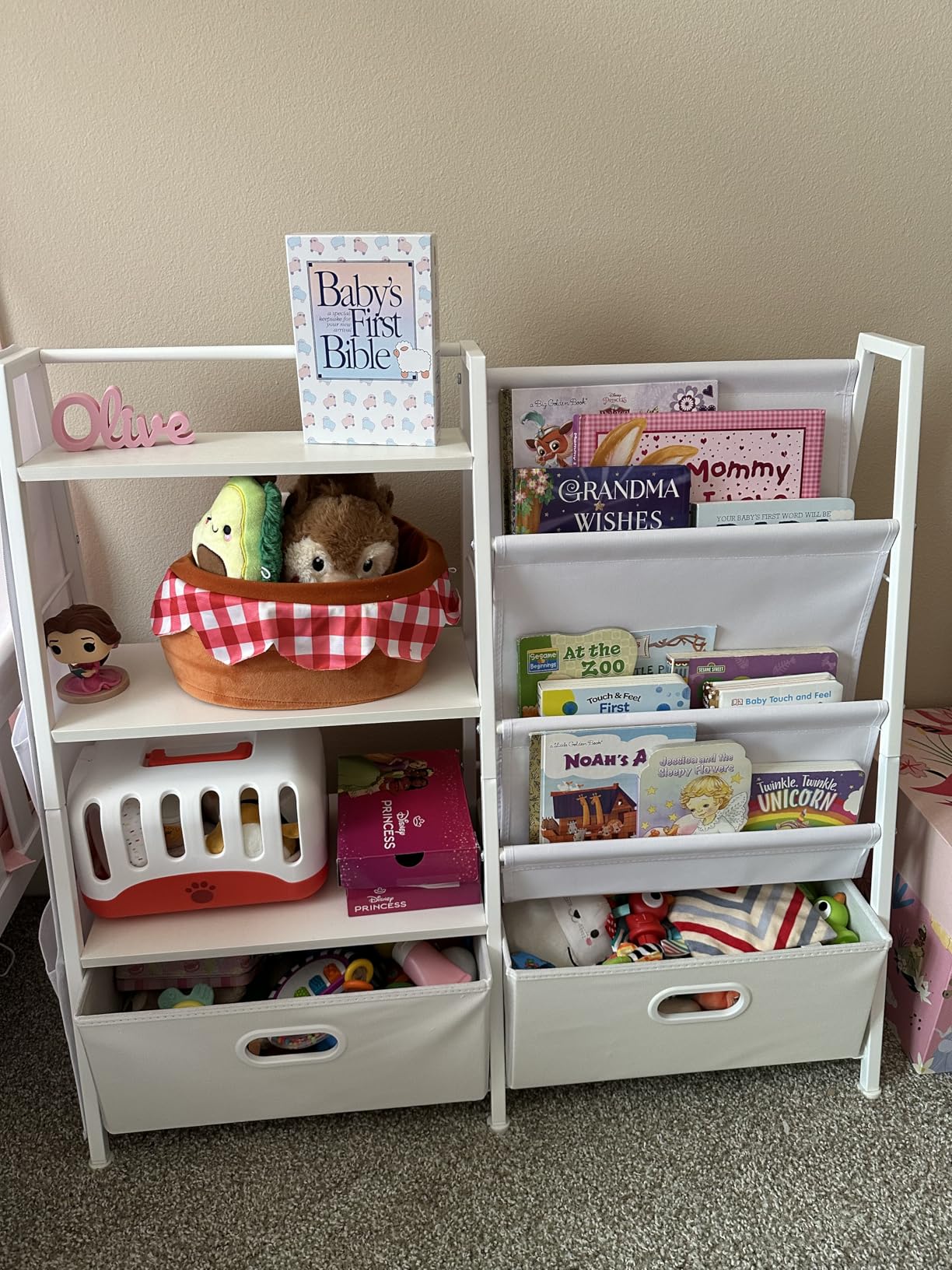 Homeiju Kids Bookshelf and Toy Storage Organizer, 3 Tier Kids Bookcase, Sling Bookshelf and 2 Toy Bins for Children Room, Playroom, Nursery, White customer photo 1