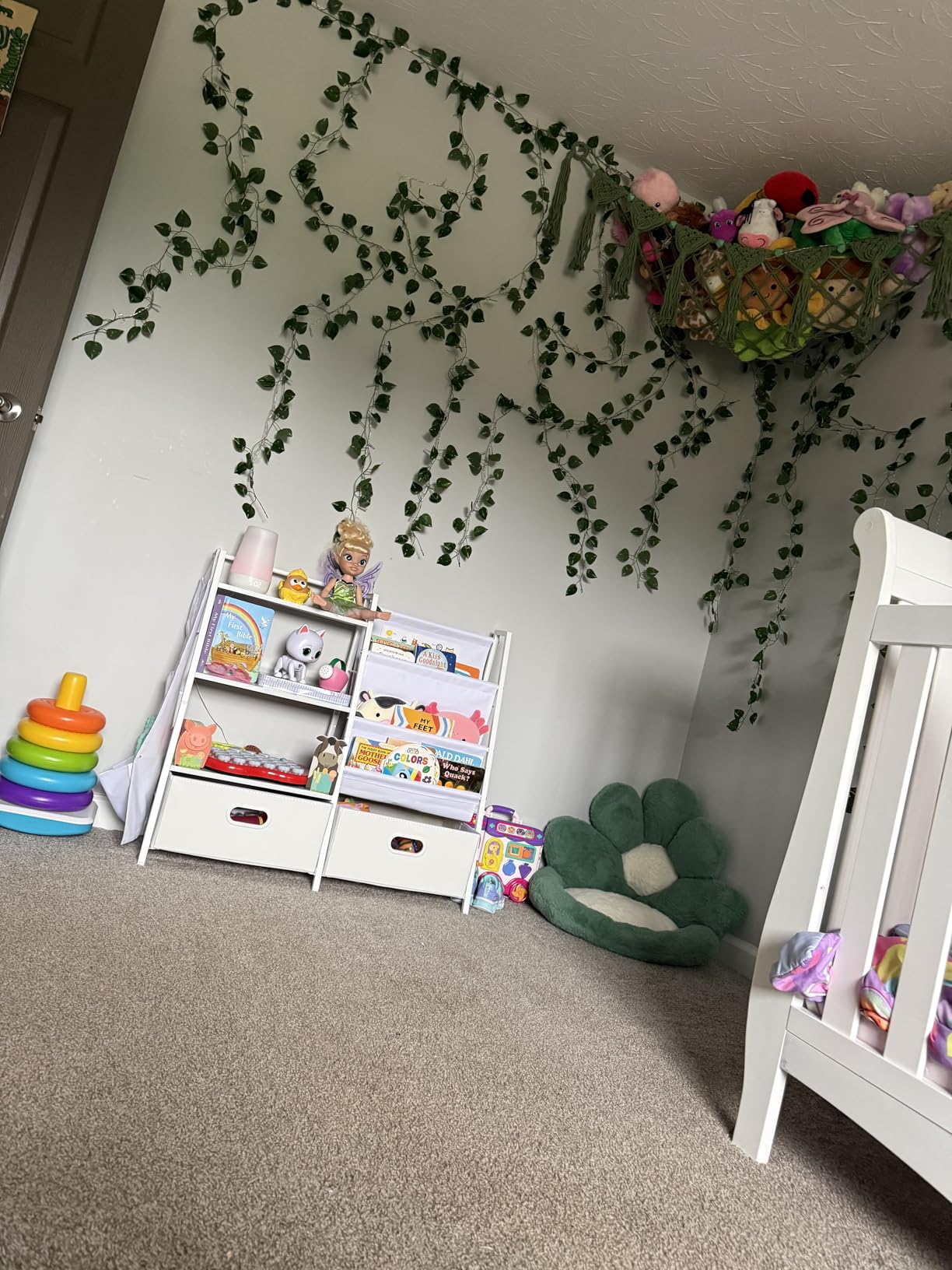 Homeiju Kids Bookshelf and Toy Storage Organizer, 3 Tier Kids Bookcase, Sling Bookshelf and 2 Toy Bins for Children Room, Playroom, Nursery, White customer photo 2