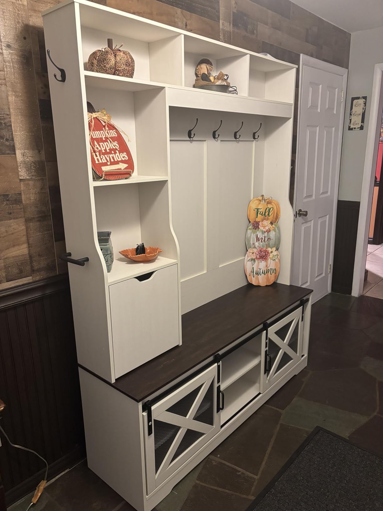 75''H 59''W Large LED Farmhouse Hall Tree with Bench and Shoe Storage,Entryway Bench with Coat Rack,16 Shoe Cubbies & Umbrella Holder and Sock Storage Drawer,Mudroom/Hallway Storages Cabinet(black) customer photo 1