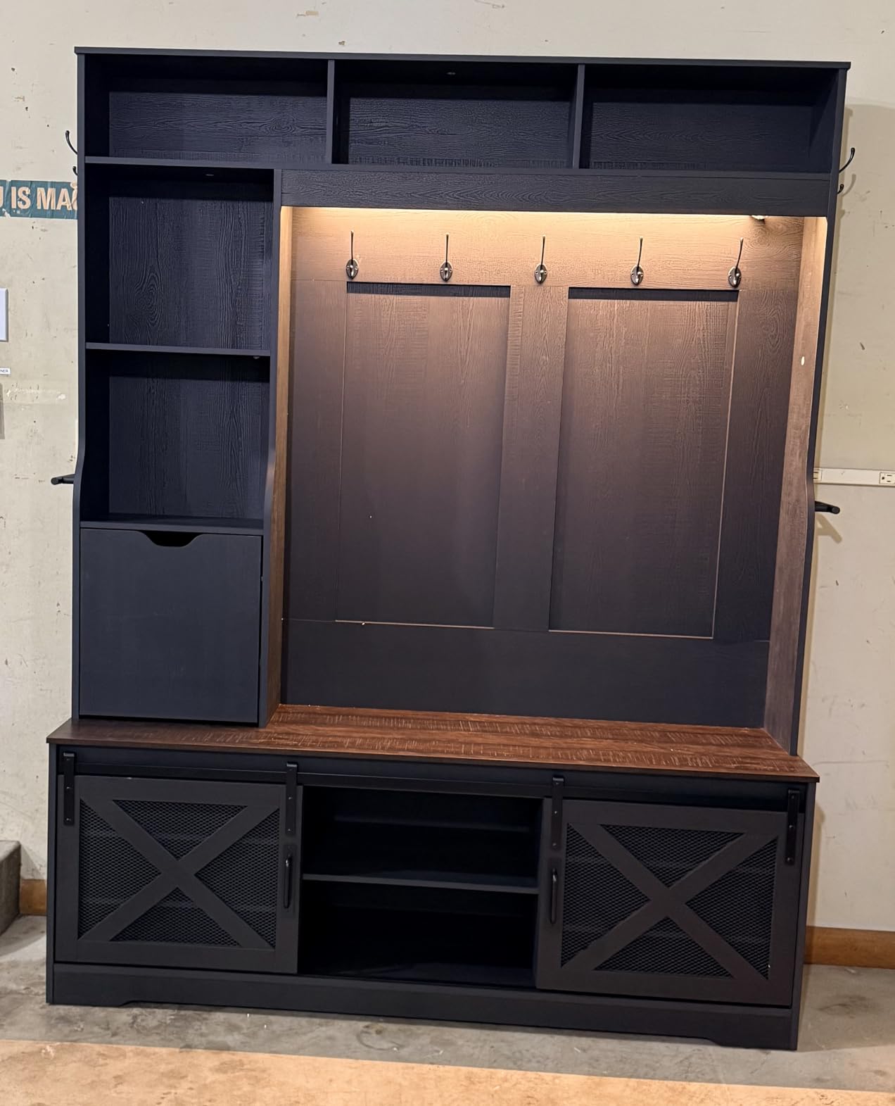 75''H 59''W Large LED Farmhouse Hall Tree with Bench and Shoe Storage,Entryway Bench with Coat Rack,16 Shoe Cubbies & Umbrella Holder and Sock Storage Drawer,Mudroom/Hallway Storages Cabinet(black) customer photo 2