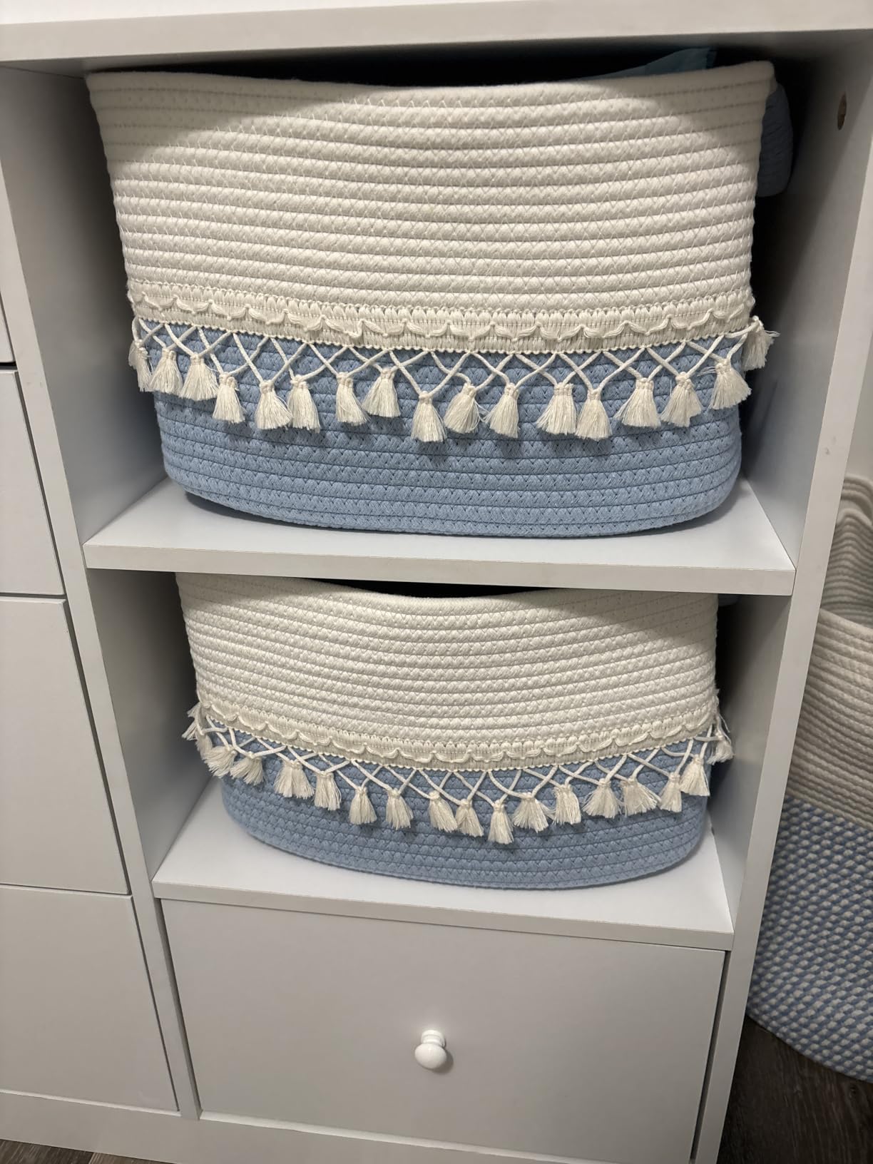 2 Pack Storage Basket for Shelves, Boho Cotton Rope Storage Bins with Heavy Tassel, Shelf Baskets Large Woven Baskets for Organizing, Cube Organizer Bins, Baby Laundry Basket for Clothes, Toys, Pets customer photo 1