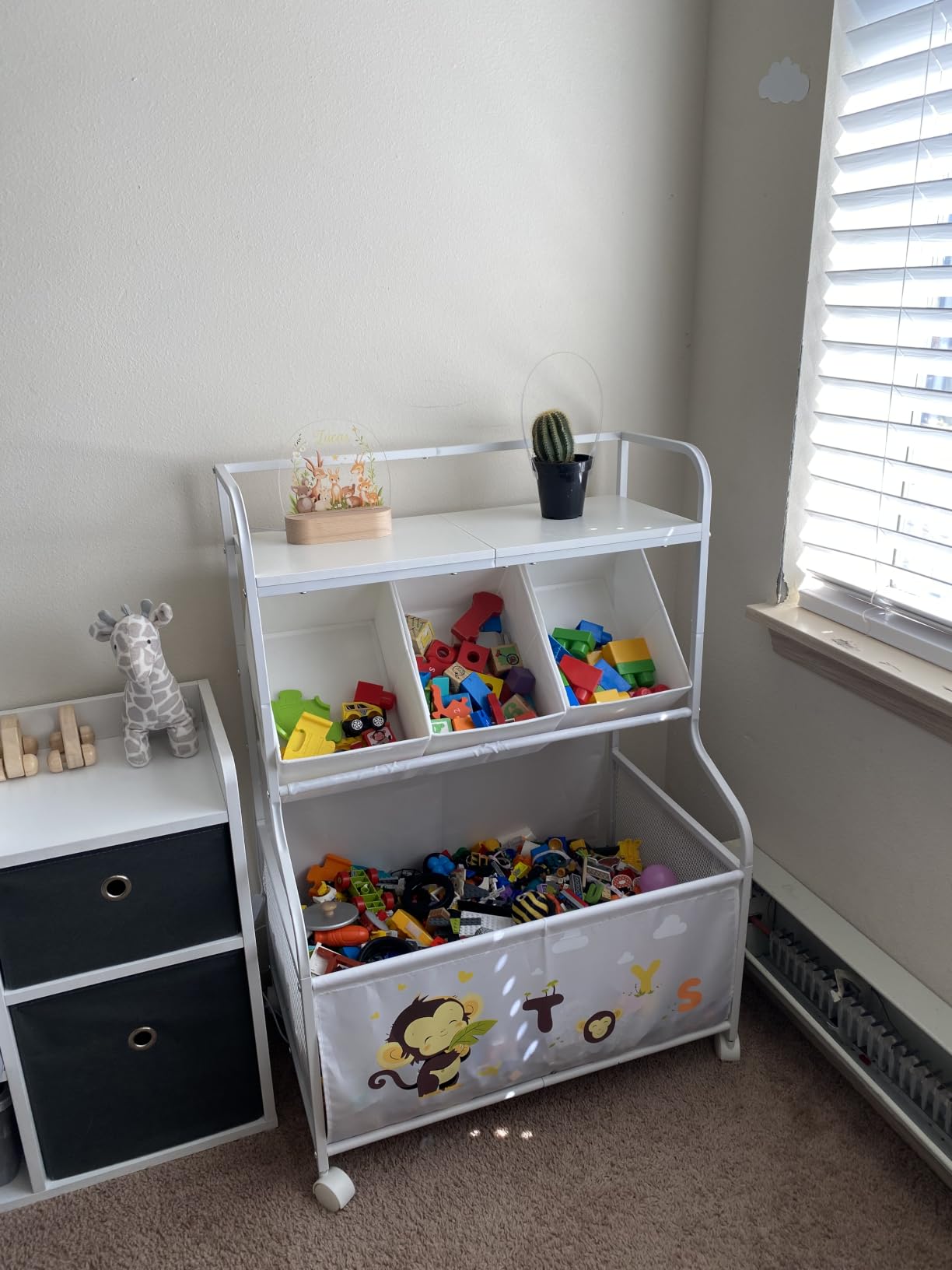 BBLIKE Toy Storage Organizer with Wheels - 3-Tier Kids Large Toy Box, Toy Chest Storage for Boys Girls Toddlers, Kids Bookshelf with 3 Fabric Toy Boxes for Playroom, White customer photo 1