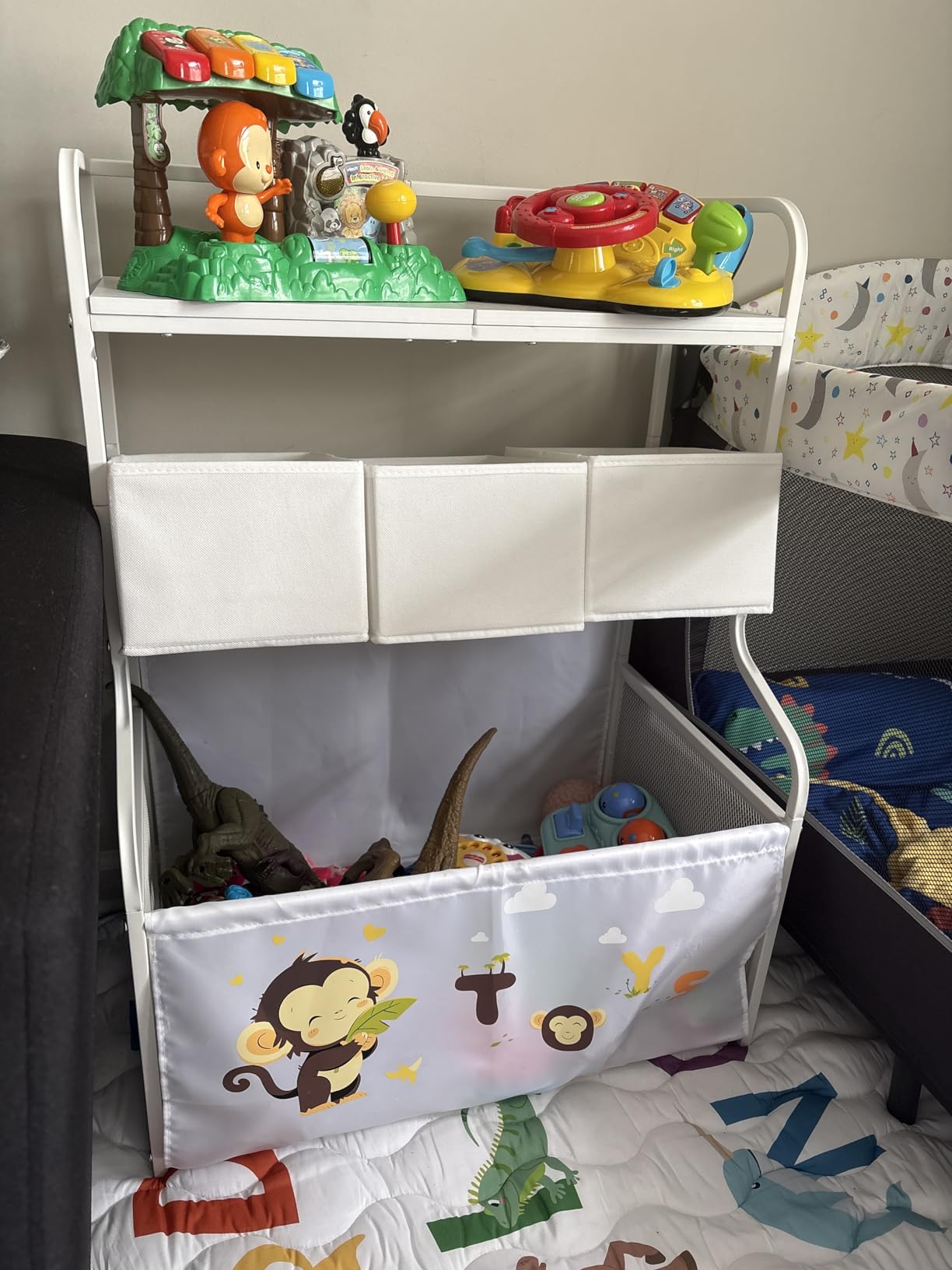 BBLIKE Toy Storage Organizer with Wheels - 3-Tier Kids Large Toy Box, Toy Chest Storage for Boys Girls Toddlers, Kids Bookshelf with 3 Fabric Toy Boxes for Playroom, White customer photo 2