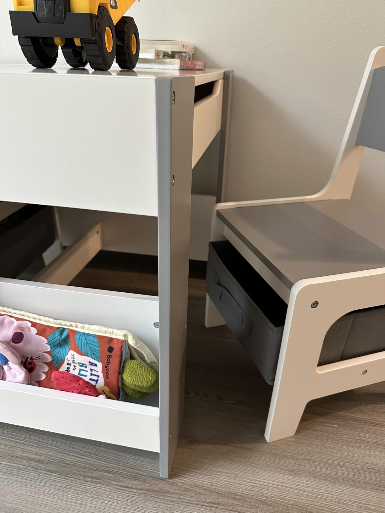 INFANS Kids Table and Chair Set, 4 in 1 Building Block Wooden Activity Desk with Reversible Tabletop Storage Drawers Bookshelves for Toddlers Art Craft Learning Reading Drawing Playroom (Grey) customer photo 1