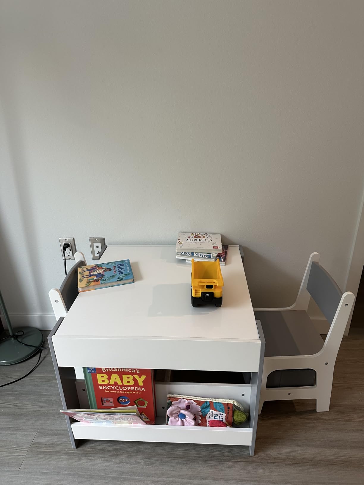 INFANS Kids Table and Chair Set, 4 in 1 Building Block Wooden Activity Desk with Reversible Tabletop Storage Drawers Bookshelves for Toddlers Art Craft Learning Reading Drawing Playroom (Grey) customer photo 2