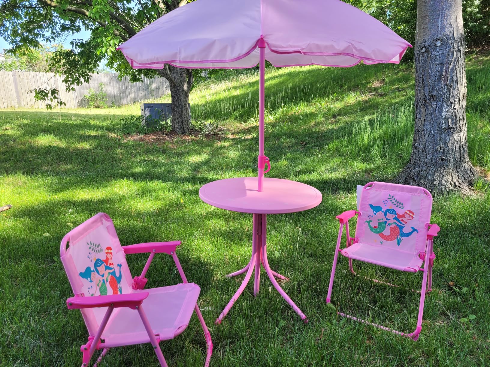 Costzon Kids Picnic Table, Kids Outdoor Table with 2 Folding Chairs, Height Adjustable Umbrella, Portable Children Outdoor Furniture for Patio, Garden, Backyard (Pink) customer photo 1