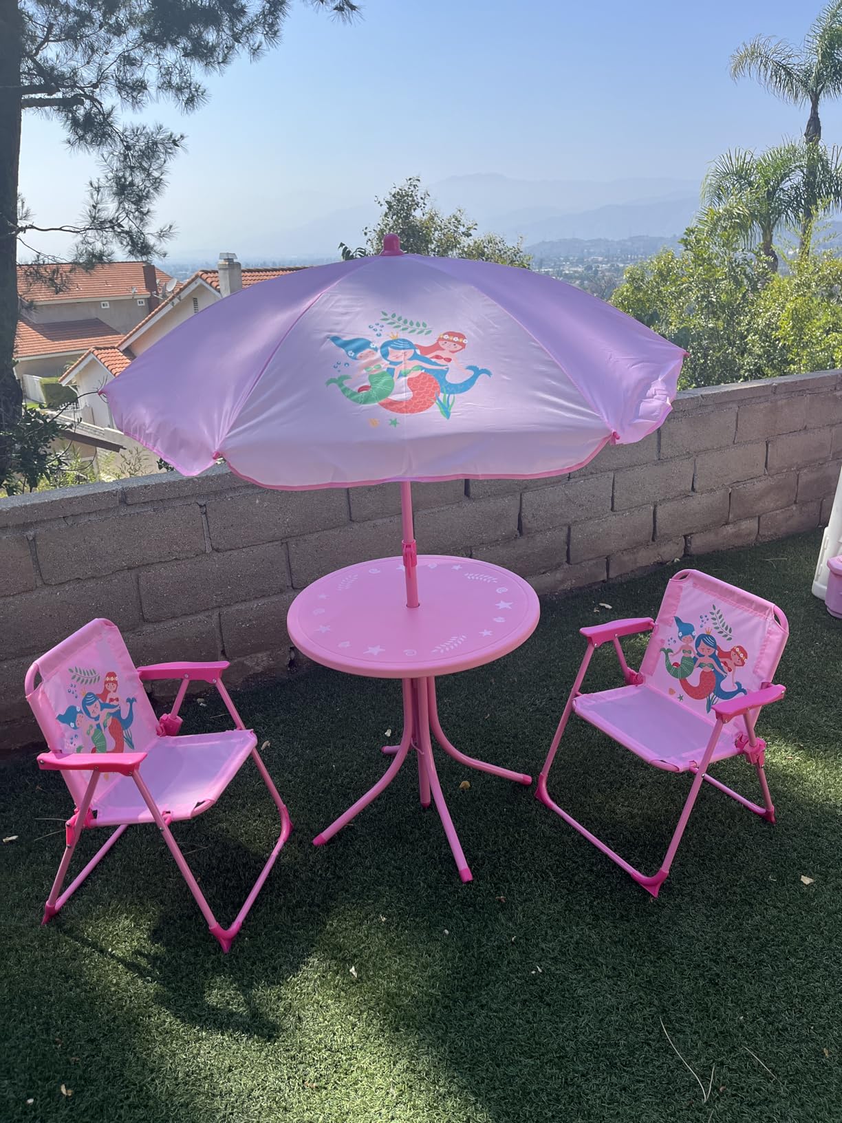 Costzon Kids Picnic Table, Kids Outdoor Table with 2 Folding Chairs, Height Adjustable Umbrella, Portable Children Outdoor Furniture for Patio, Garden, Backyard (Pink) customer photo 2