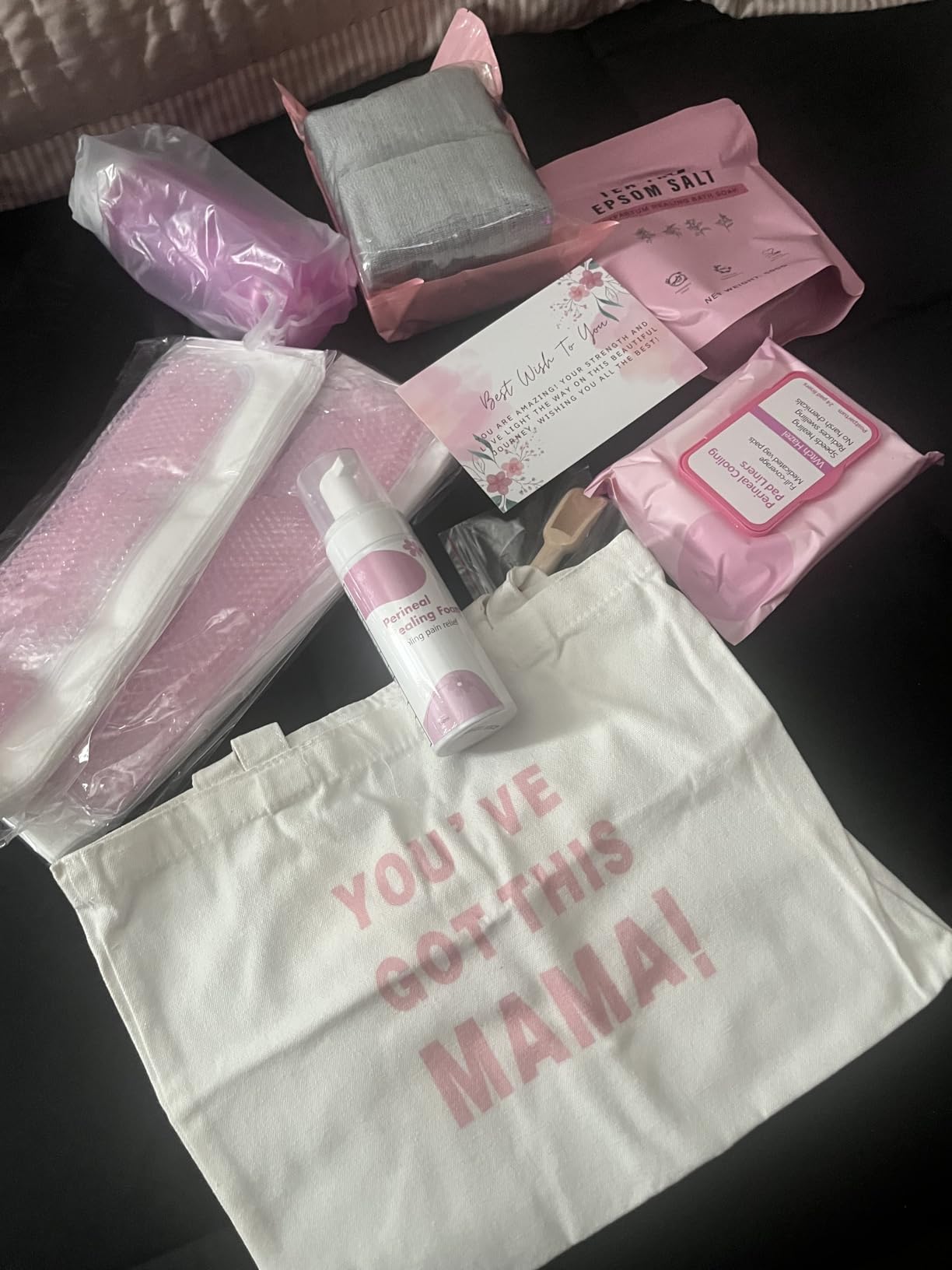 Postpartum Essentials Kit - Peri Bottle, Perineal Ice Packs, Perineal Healing Foam, Disposable Underwears, Cooling Pad Liners, Bath Salts, Canvas Bag, Card, Postpartum Gifts for Mom customer photo 2