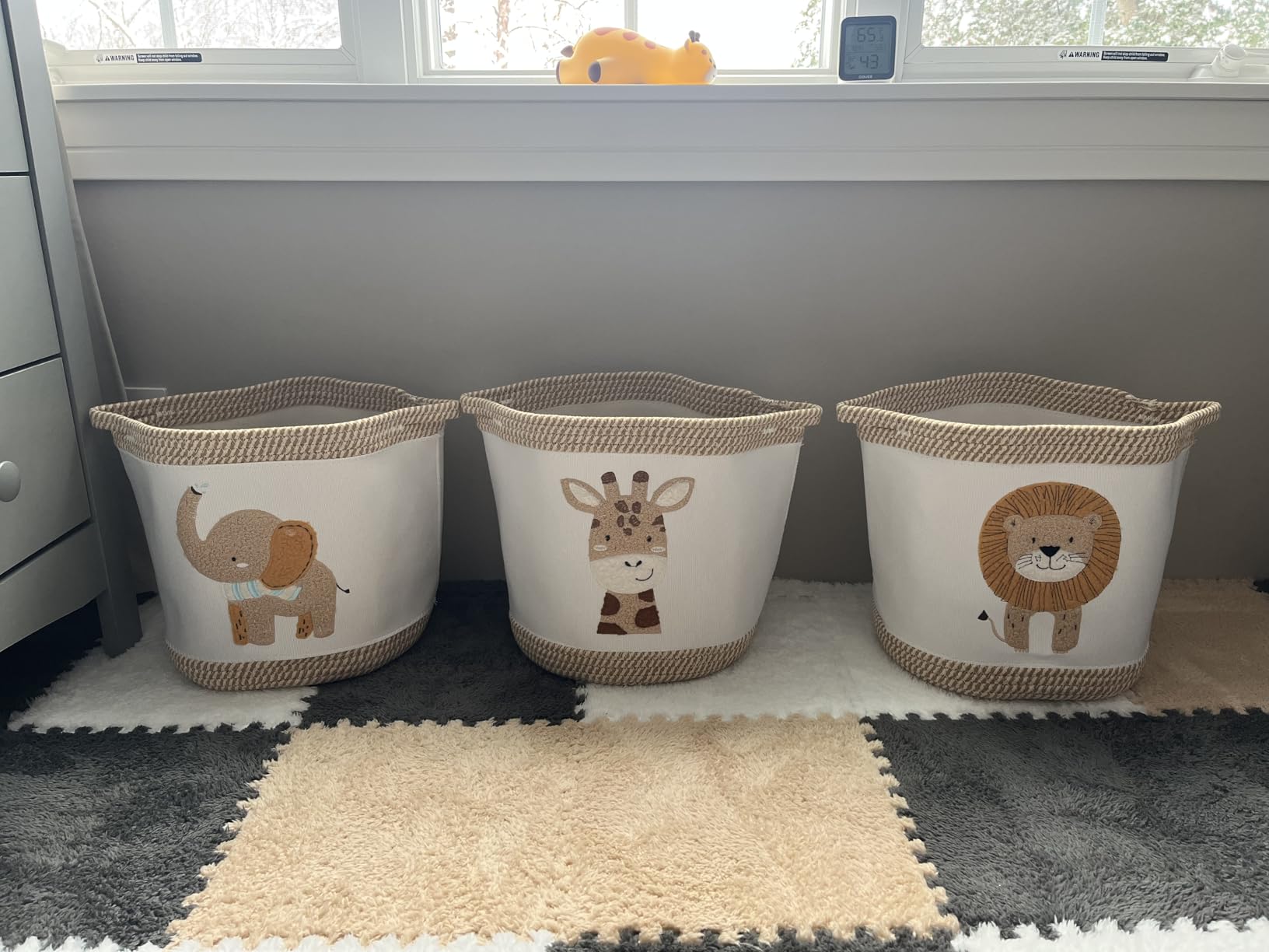 3-Piece Woven Baby Toy Baskets Laundry Hampers, Foldable Nursery Organizer for Toys Clothes Stuffed Animals, Roomy Sturdy Hampers for Baby Gift Nursery Decor Baskets Lion/Giraffe/Elephant Design customer photo 2