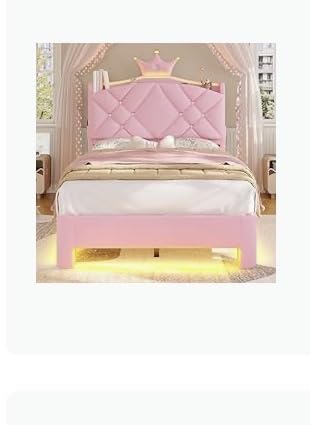 MSmask Twin Bed Frame with LED Lights, Princess Upholstered Bed with Headboard with Charging Station & Crystal Button & Crown, Velvet Platform Bed for Girls, Solid Wood Slats, Curved Legs, Pink customer photo 1