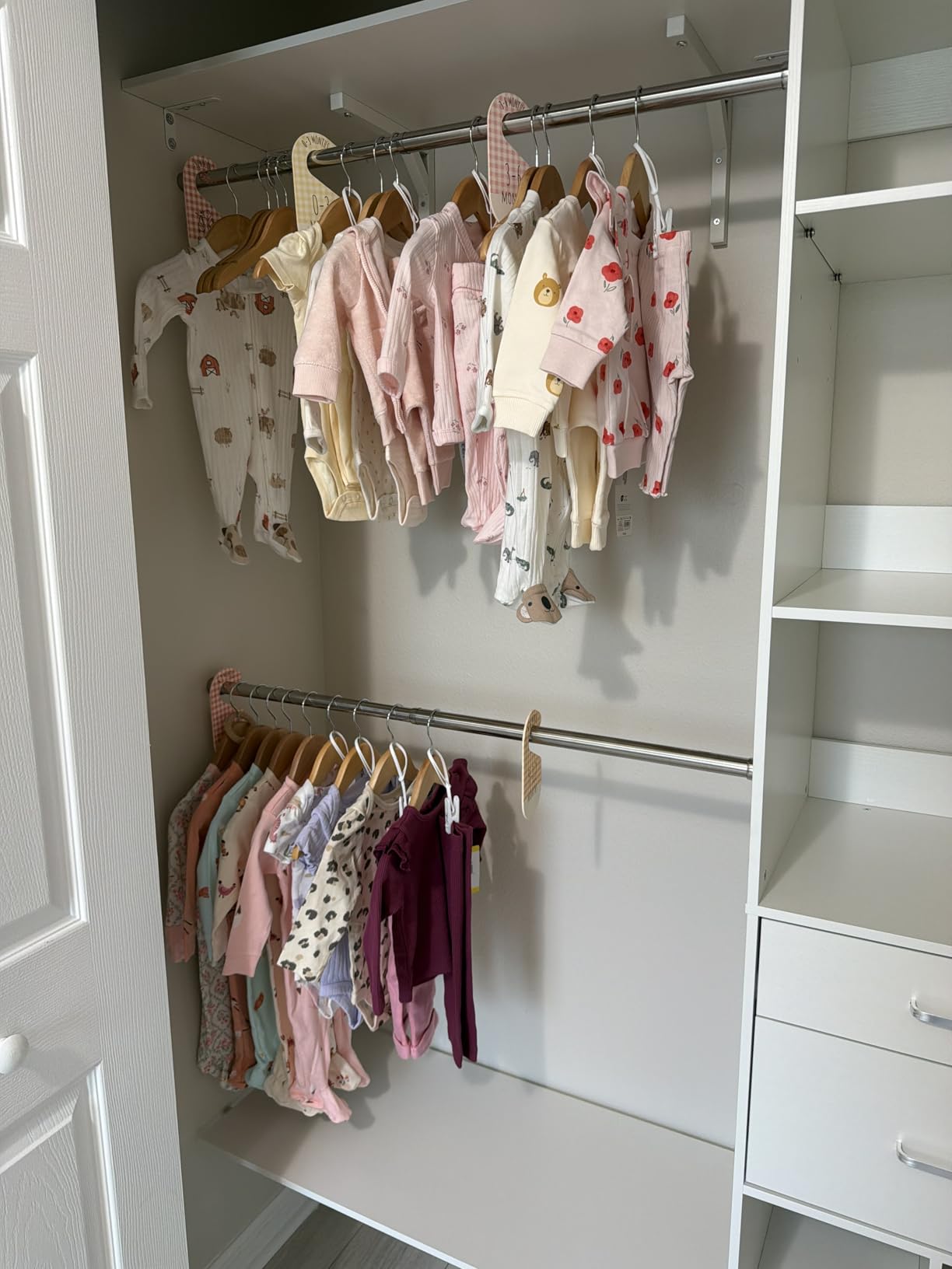 5FT Small Closet System, Baby Closet Organizer System with Wooden Drawers, 60 Inches Walk In Closet System With 5 Hanging Rods and 3 Reversible Hanging Shelving, White customer photo 1