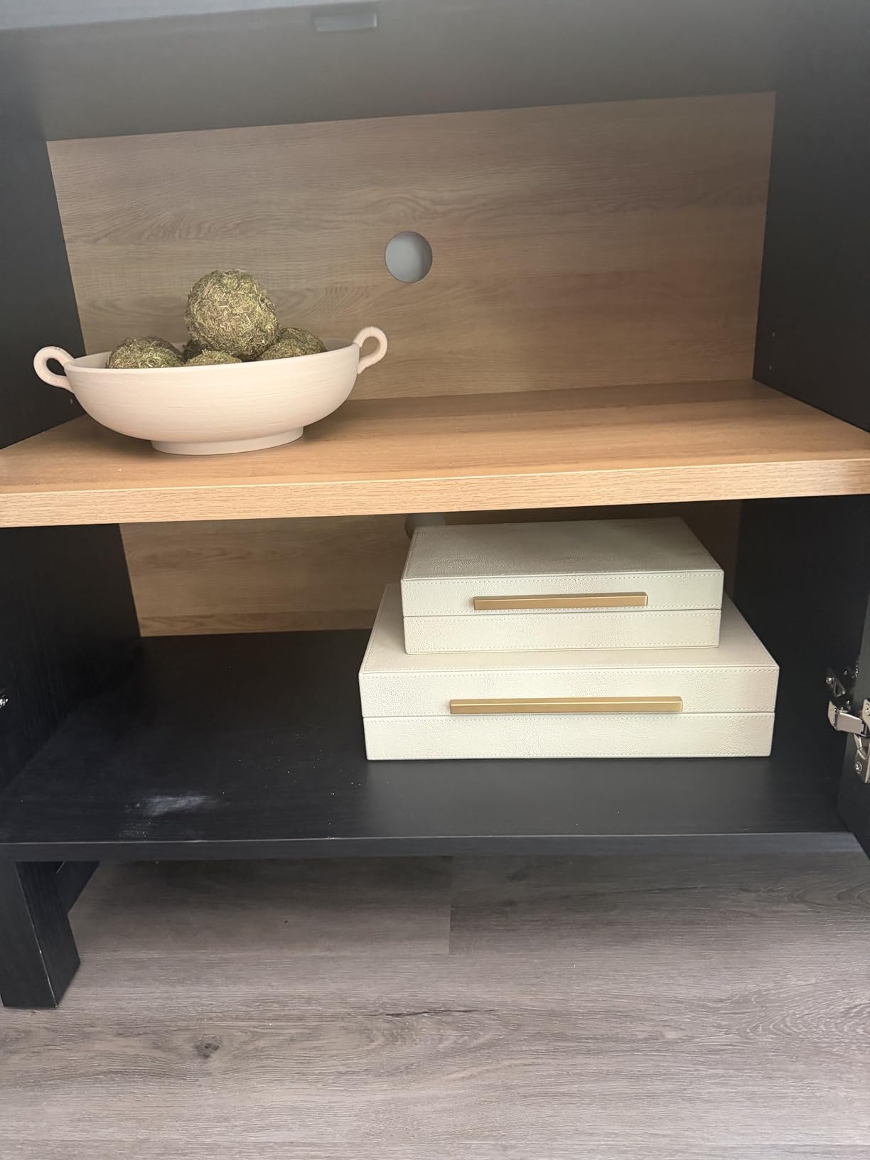 Set of 2 Beige Shagreen Decorative Storage Boxes with Gold Metal Handles - Faux Leather Jewelry & Memory Boxes customer photo 1