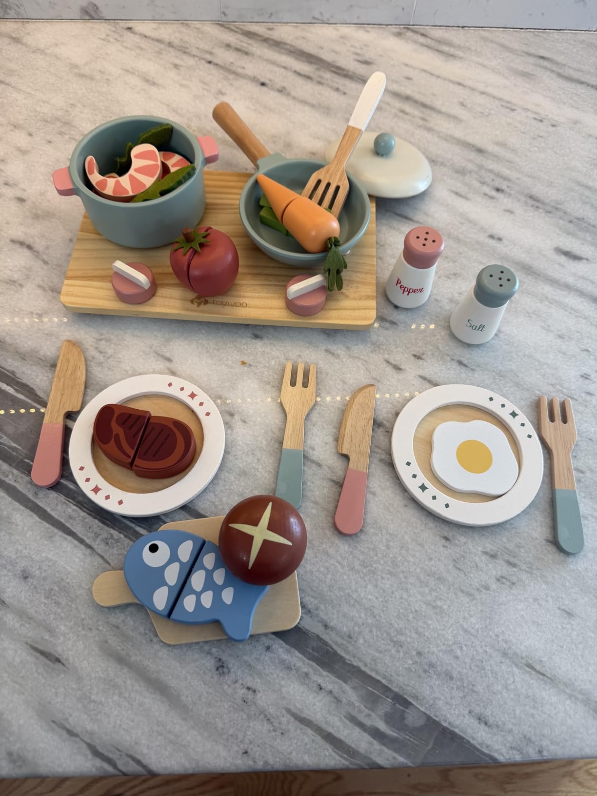 Wooden Play Kitchen Accessories Pretend Toy Pots and Pans Sets for Kids Kitchen Playset with Toy Stove Toddler Cooking Sets Food Toys for Toddlers 3-5 Gifts for Girls Boys (Wooden Cooking Set) customer photo 1