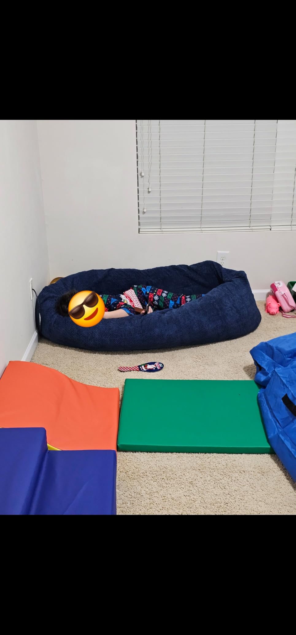 Sensory Chair for Kids, High-Density Foam Sensory Soft Canoe, Foam Peapod - Calming Pressure for Autism, ADHD & Sensory Needs, with 3 Textured Balls, Removable Washable Cover(Dark Blue) customer photo 1