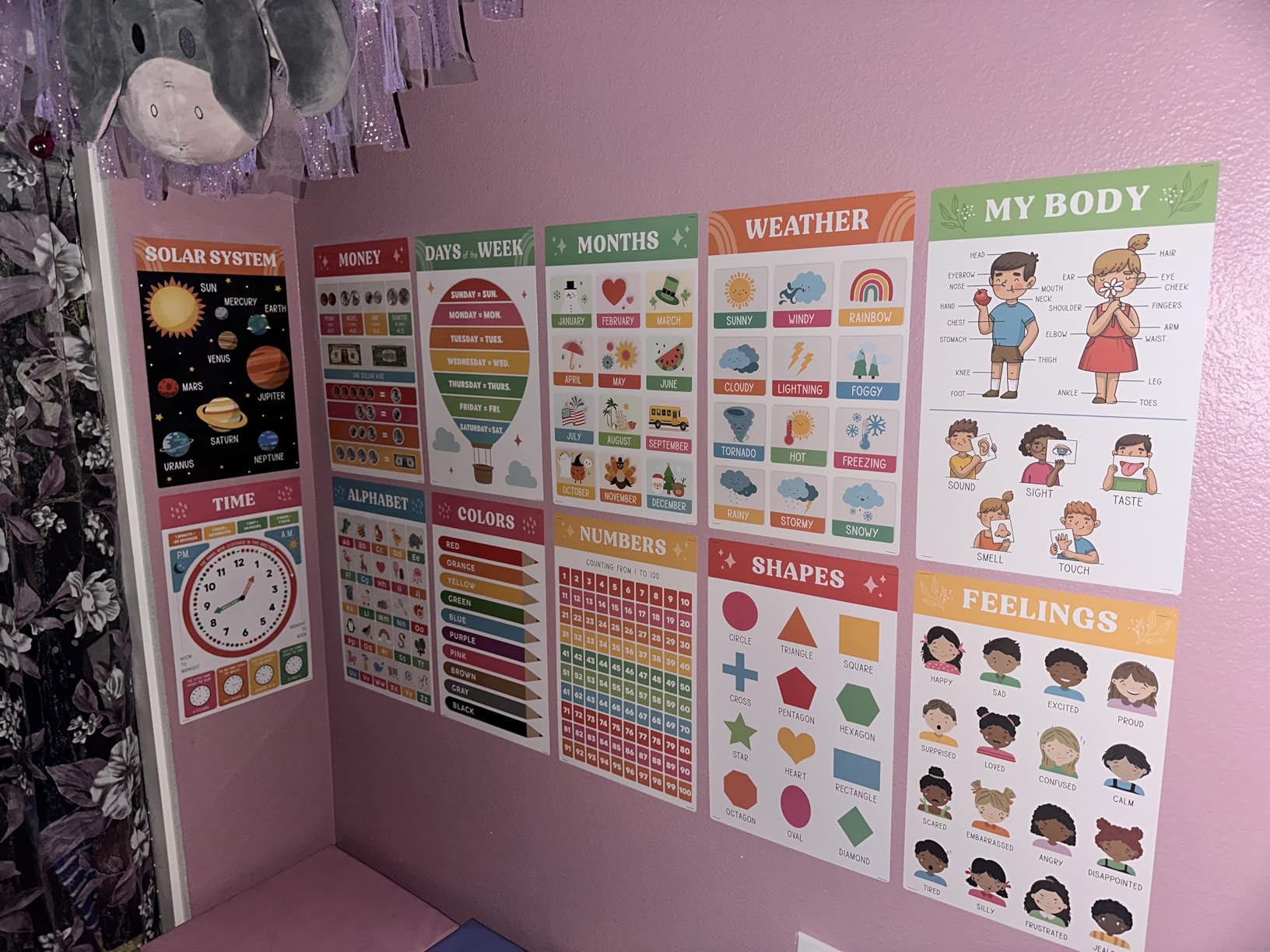 Fun Educational Posters for Toddlers 1-3 - Set of 16 Easy to Read Learning Posters for Classroom & Homeschool Decor - Essential Preschool/Kindergarten Kids Room Wall Charts incl. ABC & Number Chart customer photo 1