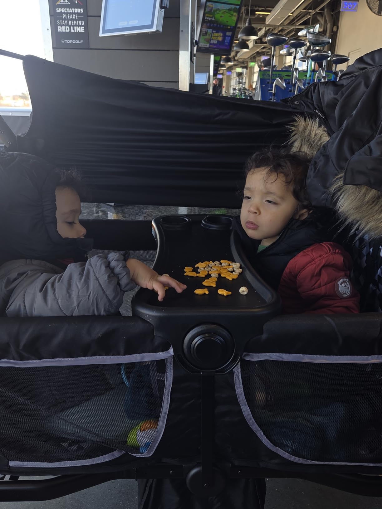 TOLEAD Wagon Stroller for 4 Kids, Foldable 4 Seats Outdoor Stroller Wagon with Canopy, Adjustable Handlebars, 5-Point Safety Harness, Detachable Tray, Portable Bag (Black) customer photo 1