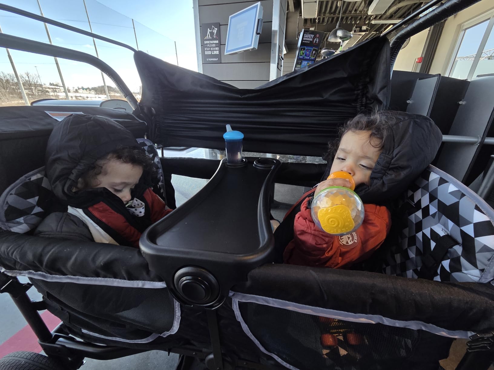 TOLEAD Wagon Stroller for 4 Kids, Foldable 4 Seats Outdoor Stroller Wagon with Canopy, Adjustable Handlebars, 5-Point Safety Harness, Detachable Tray, Portable Bag (Black) customer photo 2