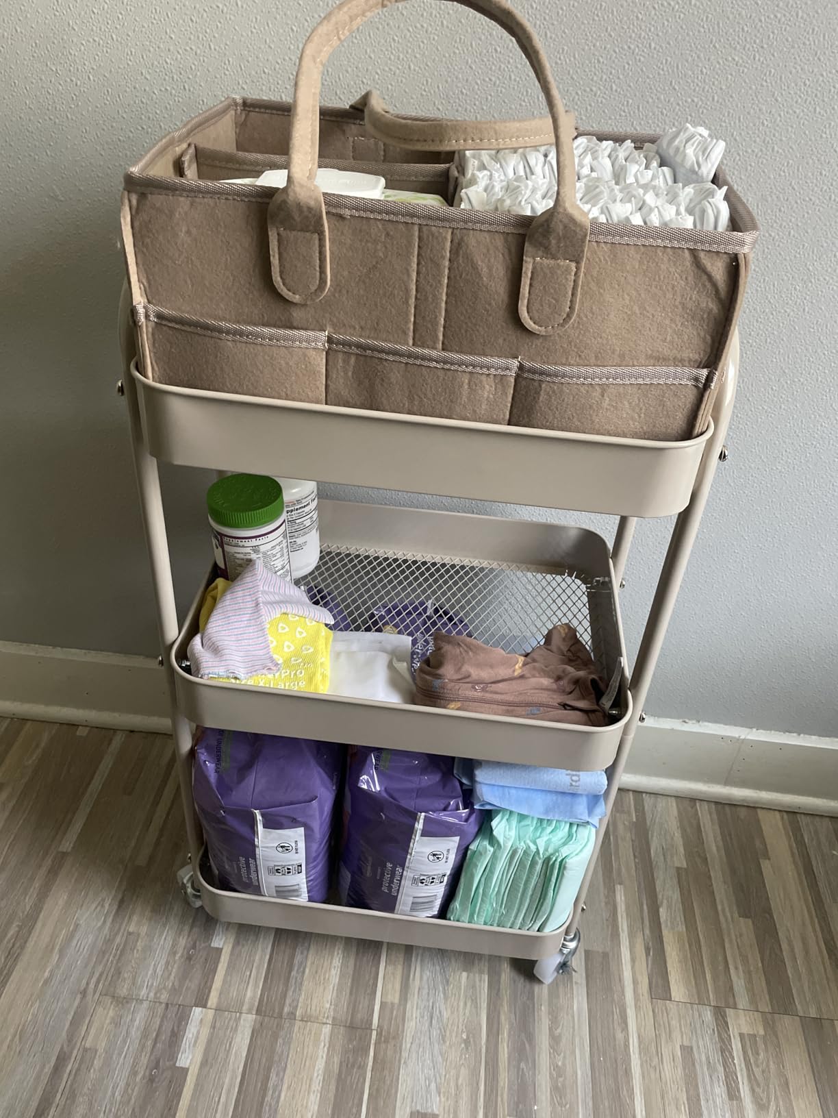 Fortella Baby Diaper Caddy, 3 Tier Rolling Storage Cart for Baby Essentials, Diaper Cart with Detachable Dividers, Storage & Baby Bottle Organizer, Nursery Dresser for Bedroom, Living Room (Taupe) customer photo 1