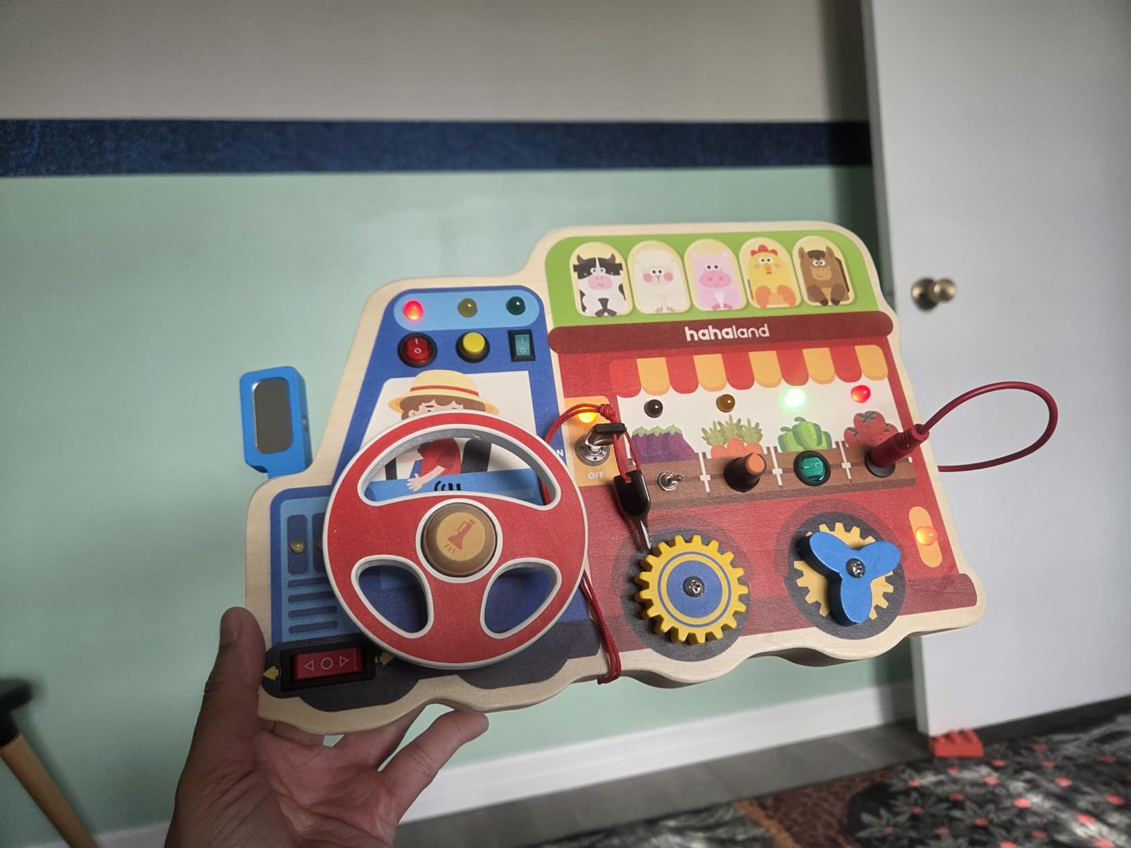 hahaland Montessori Busy Board for Toddlers 3-5, 18-in-1 Wooden Sensory Activity Board with LED Lights & Switches, Educational Montessori Toy for Fine Motor Skills, Kids Gift customer photo 2