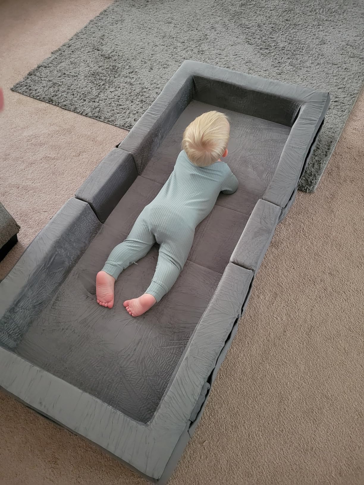 ENITYA Toddler Travel Bed - Portable Foldable Soft Foam Floor Bed for Kids Ages 25 Months to 48 Months, No Assembly, Washable Cover, Built-in Safety Rails, Compact for Travel & Home Use, Grey customer photo 1