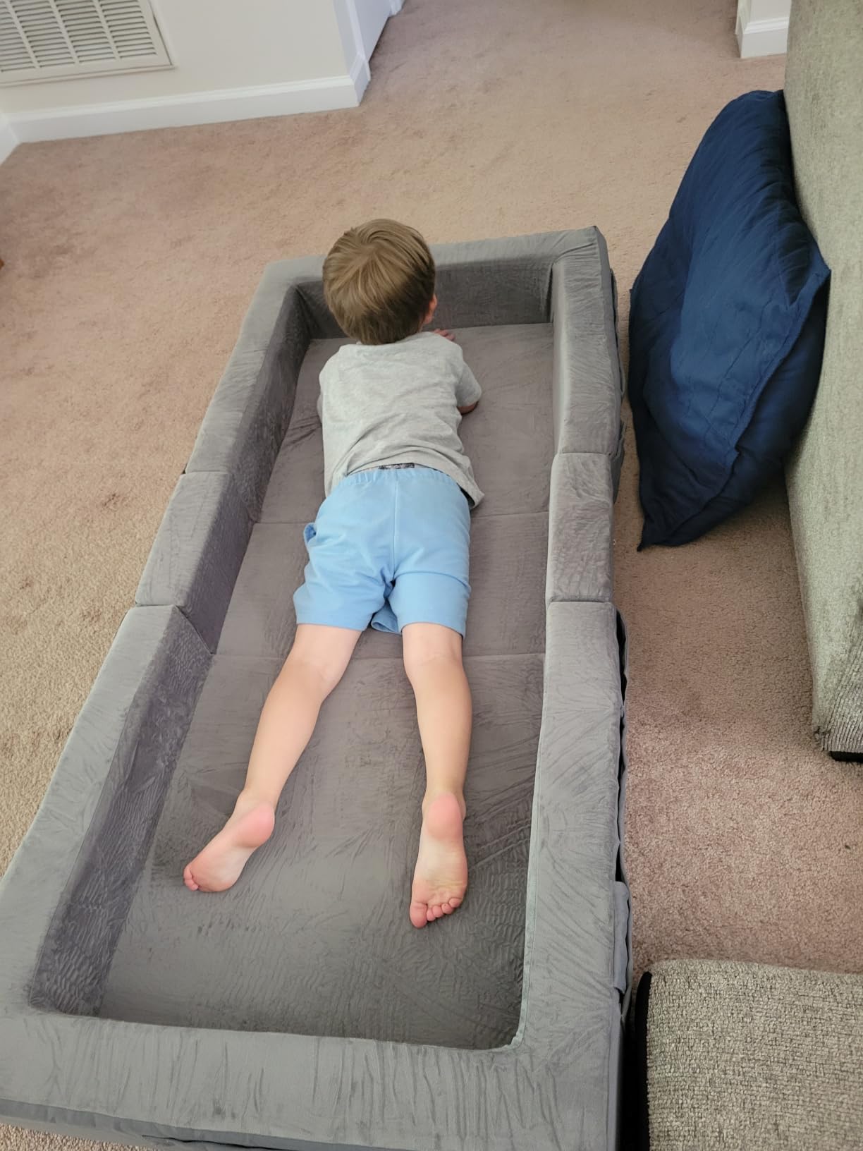 ENITYA Toddler Travel Bed - Portable Foldable Soft Foam Floor Bed for Kids Ages 25 Months to 48 Months, No Assembly, Washable Cover, Built-in Safety Rails, Compact for Travel & Home Use, Grey customer photo 2