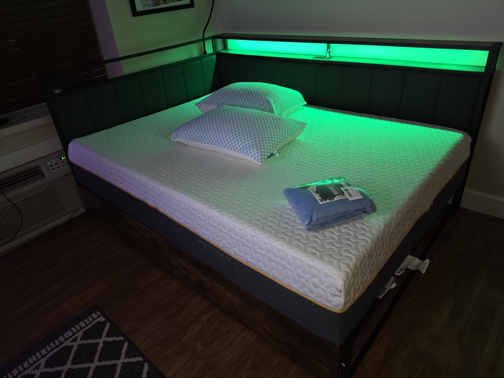 LIKIMIO Corner Bed Frame Twin Daybed with Storage Drawers, Metal Platform Bed Frame with LED Light, Charging Station & Fabric Upholstered Fence, Black customer photo 1