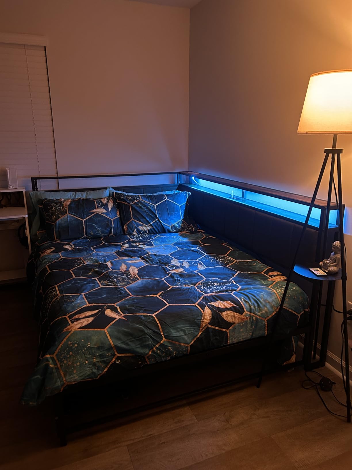 LIKIMIO Corner Bed Frame Twin Daybed with Storage Drawers, Metal Platform Bed Frame with LED Light, Charging Station & Fabric Upholstered Fence, Black customer photo 2
