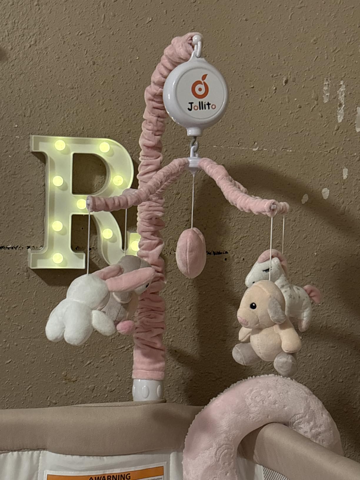 JOLLITO Crib Mobile for Girls, Soft Pink Musical Baby Crib Mobile with 12 Lullabies, Rotating Arm and Detachable Plush Animal Toys, Nursery Decor Baby Mobile for Crib Toys Bassinet customer photo 2