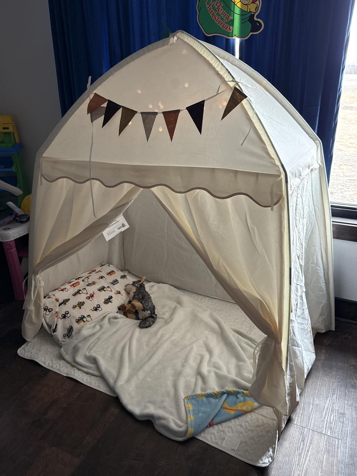 Large Kids Play Tent Indoor with Padded Mat Lights - 59x39x59in Teepee Playhouse with Flags Storage Bag - Cozy Reading Nook Nap Bed Tent - Birthday Gift for Toddlers Boys Girls customer photo 2