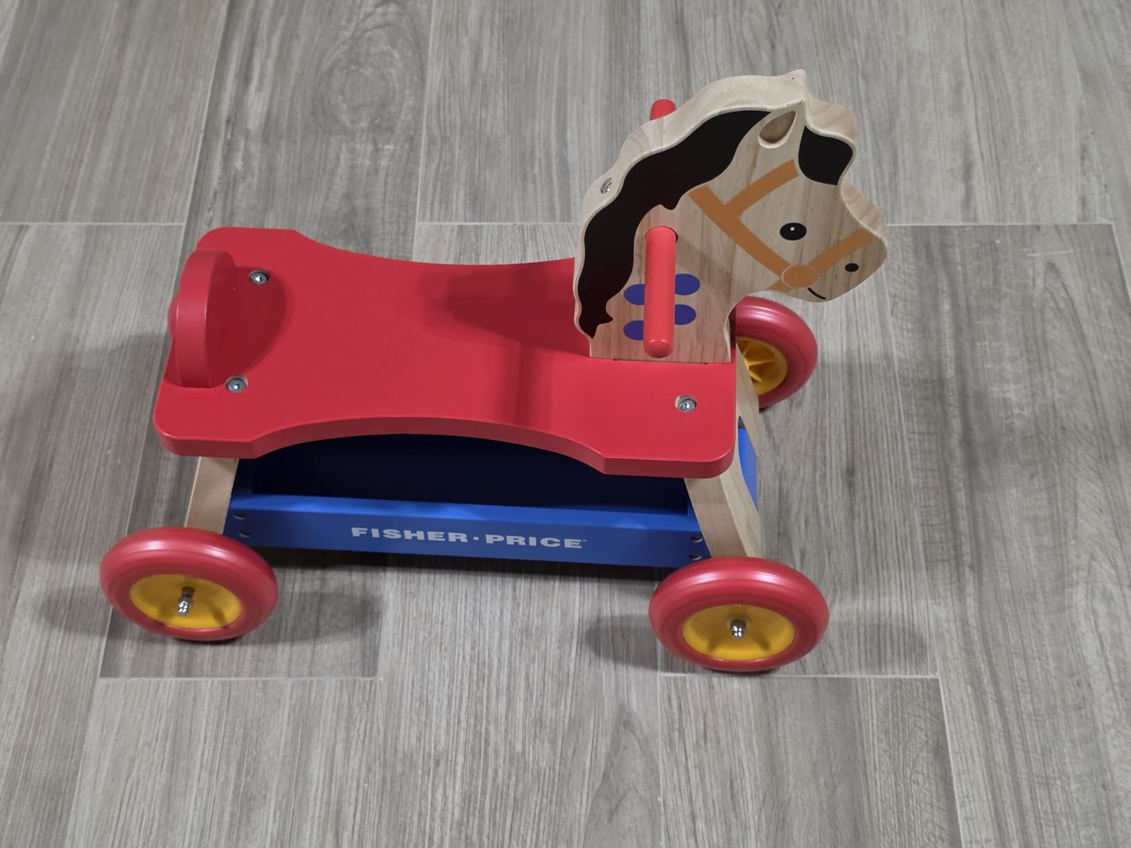 Fisher-Price Retro Wooden Pony Ride-On Toy for Toddlers, Real Wood Ride-On by Dynacraft with Under-Seat Storage, Indoor Floor-Friendly Wheels, Classic Vintage Style for Ages 1.5-3 Years, 1-Count customer photo 2