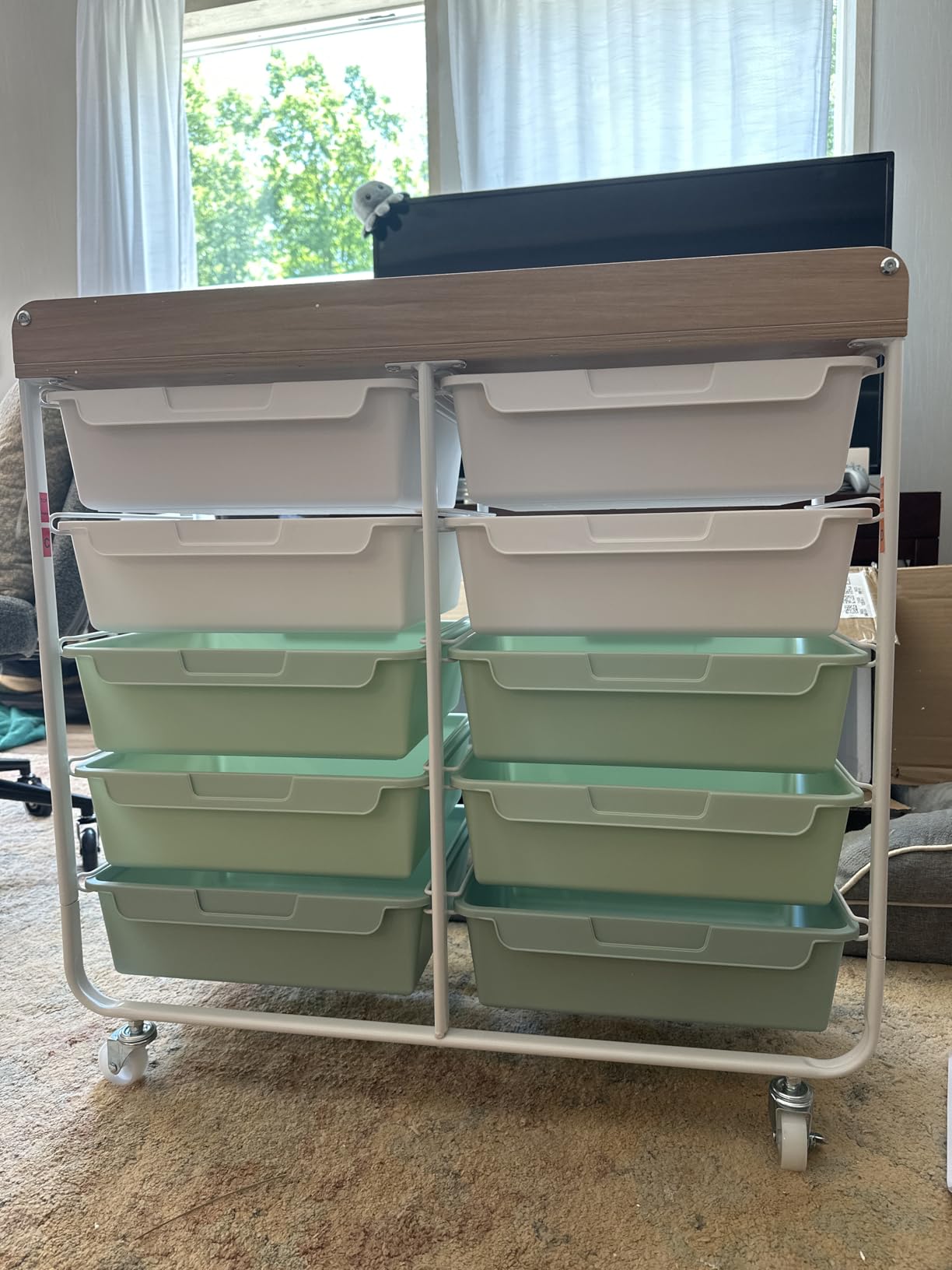 10 Drawers Rolling Cart with Wooden Tabletop, Utility Storage Cart with Wheels, Art Supply Craft Organizer on Wheel with Metal Frame & Handles for Home Office School, Green customer photo 2