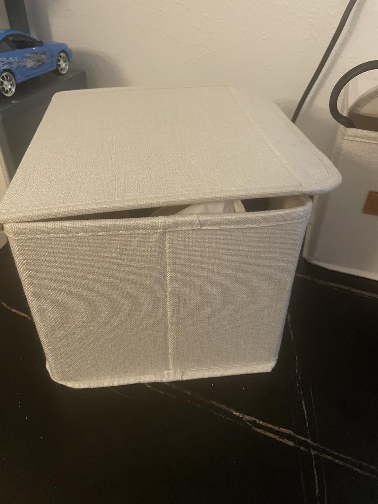 Decorative Linen Storage Boxes with Lids - Spacious Set of 2 Organizer Bins for Your Home Decor - The Perfect Small Container to Safely Store Photos, Documents and Memory Box Keepsakes in Style customer photo 2