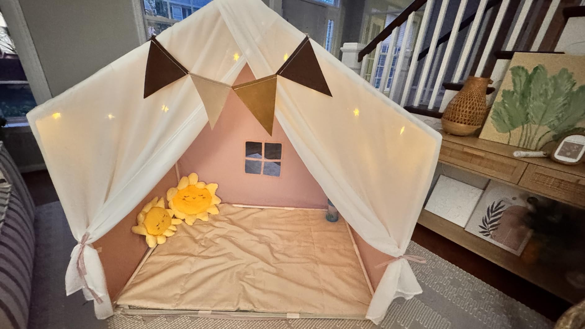 Kids Play Tent, Indoor Playhouse with Mat/Star Lights/Flag - Large 57