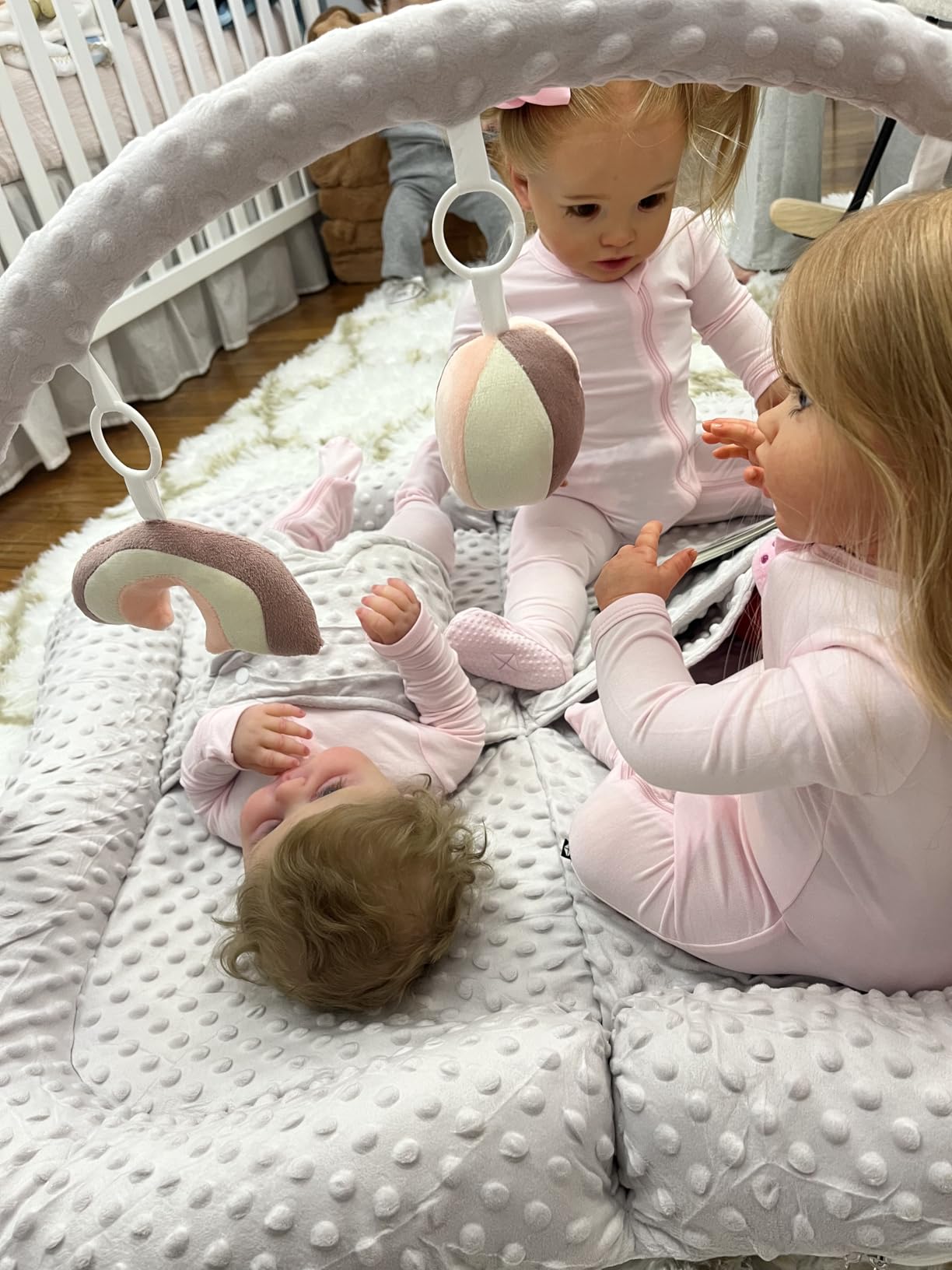 Twins Baby Play Mats for Floor Activity Gym - 5-in-1 Support Cushion Baby Play Mat Tummy Time Mat for Supervised Bonding with Arch, Plush Toys, Flashcards & Developmental Book - Grey customer photo 1