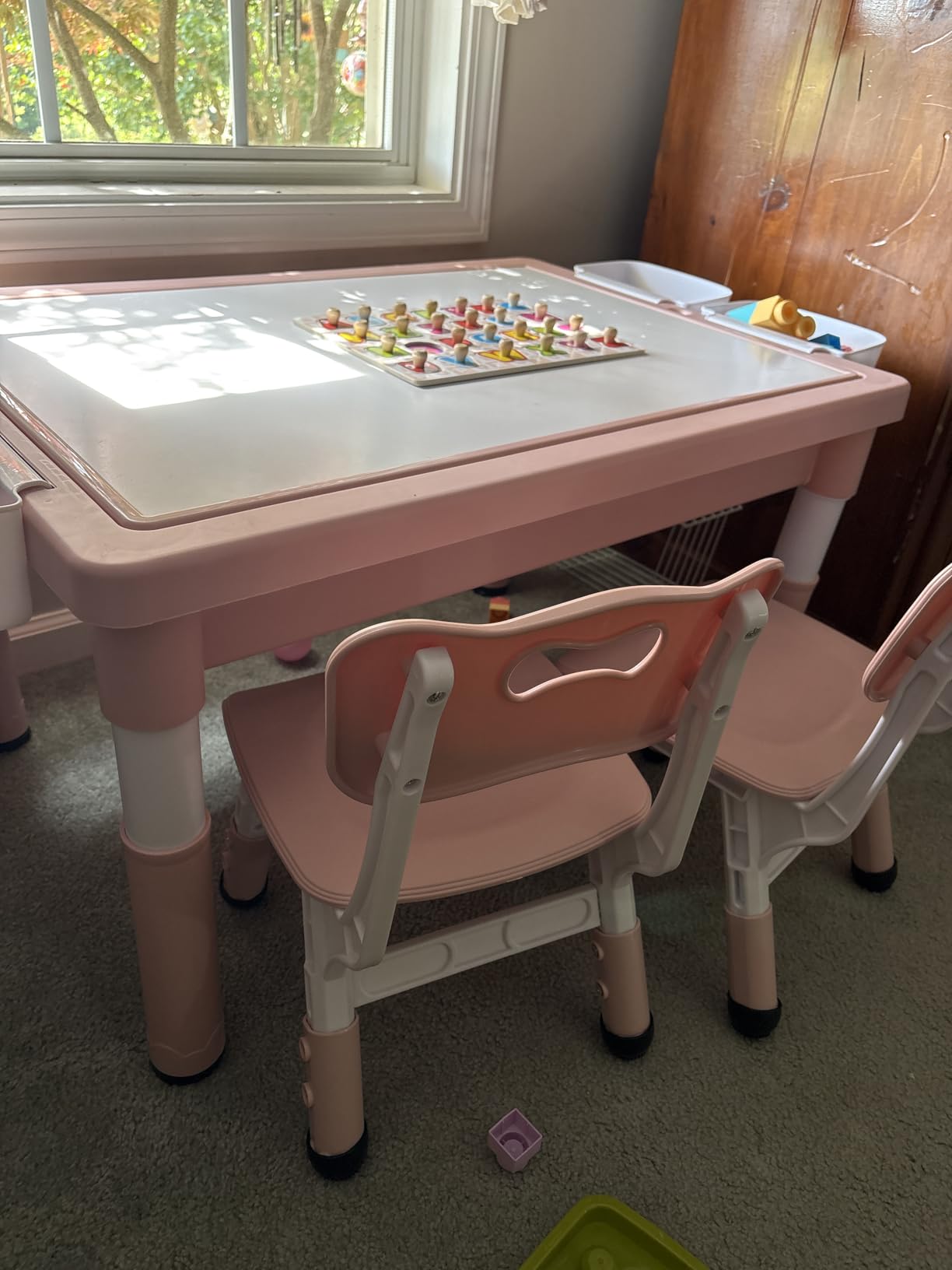 Kinder King Kids Table & 2 Chairs Set, Height Adjustable Children Activity Table w/Storage, Graffiti & Building Blocks Tabletop, Toddler Furniture Set for Classroom, Daycare, Home, Age 3+, Khaki customer photo 1