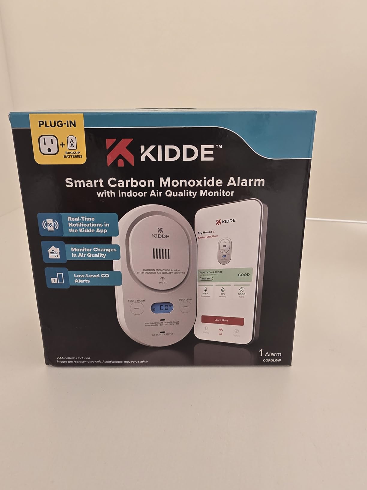 Kidde Smart Carbon Monoxide Detector & Indoor Air Quality Monitor, Plug-in with AA Battery Backup, Real-Time Notifications, 2.4 GHz Wi-Fi Enabled, Rotating Plug, 85 dB Alarm customer photo 1