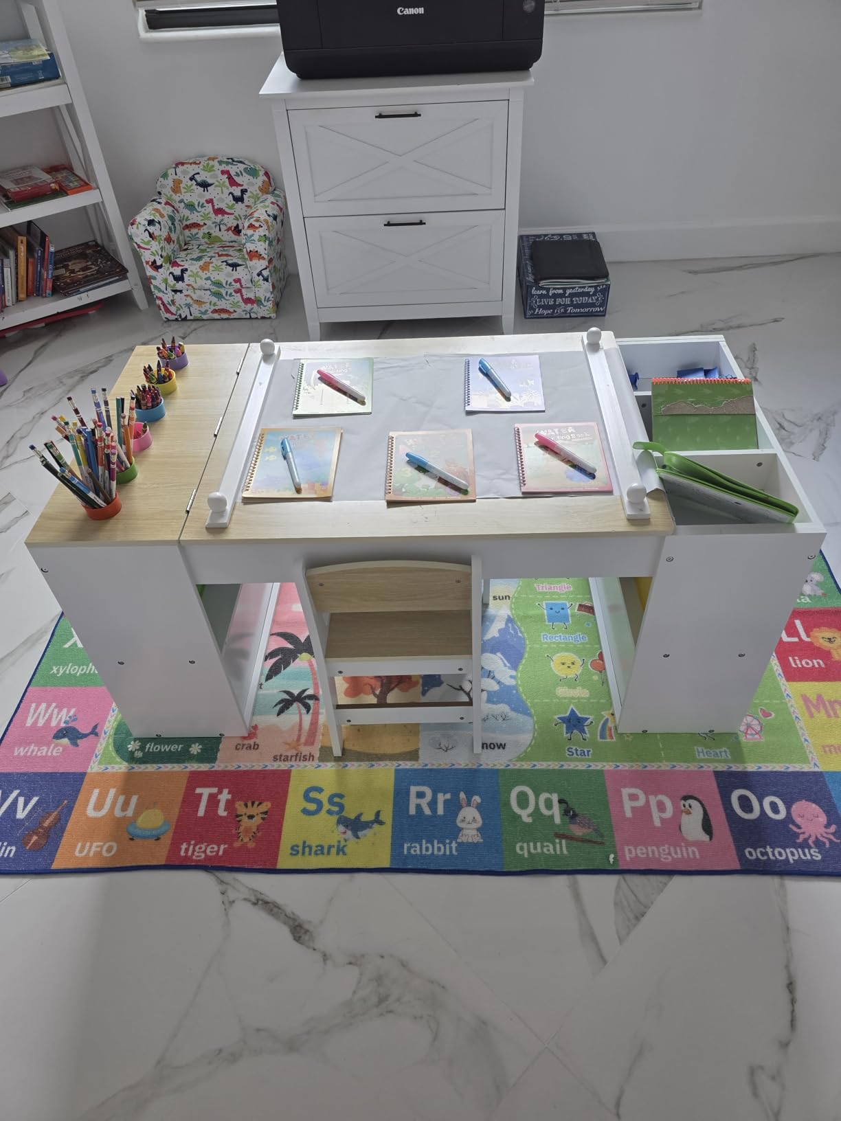 Kids Art Table and 2 Chairs Set, Wooden Craft Desk with 2 Storage Shelves, 6 Storage Bins & Paper Roll for Drawing, Learning and Reading, Toddler Activity Play Desk for Home, 47 L x23 W customer photo 2