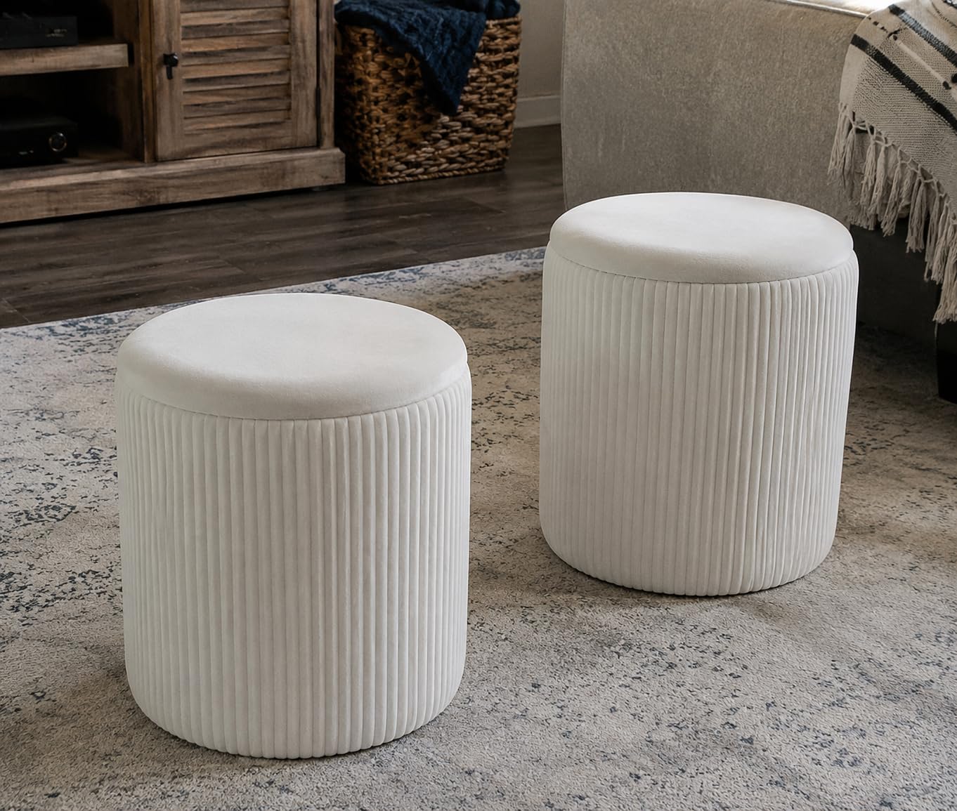 White Vanity Stool Set of 2 - Round Storage Ottoman with Lid, Velvet Footrest Pouf for Makeup Room & Living Room, Multi-Use Small Chair with Hidden Storage (White) customer photo 2