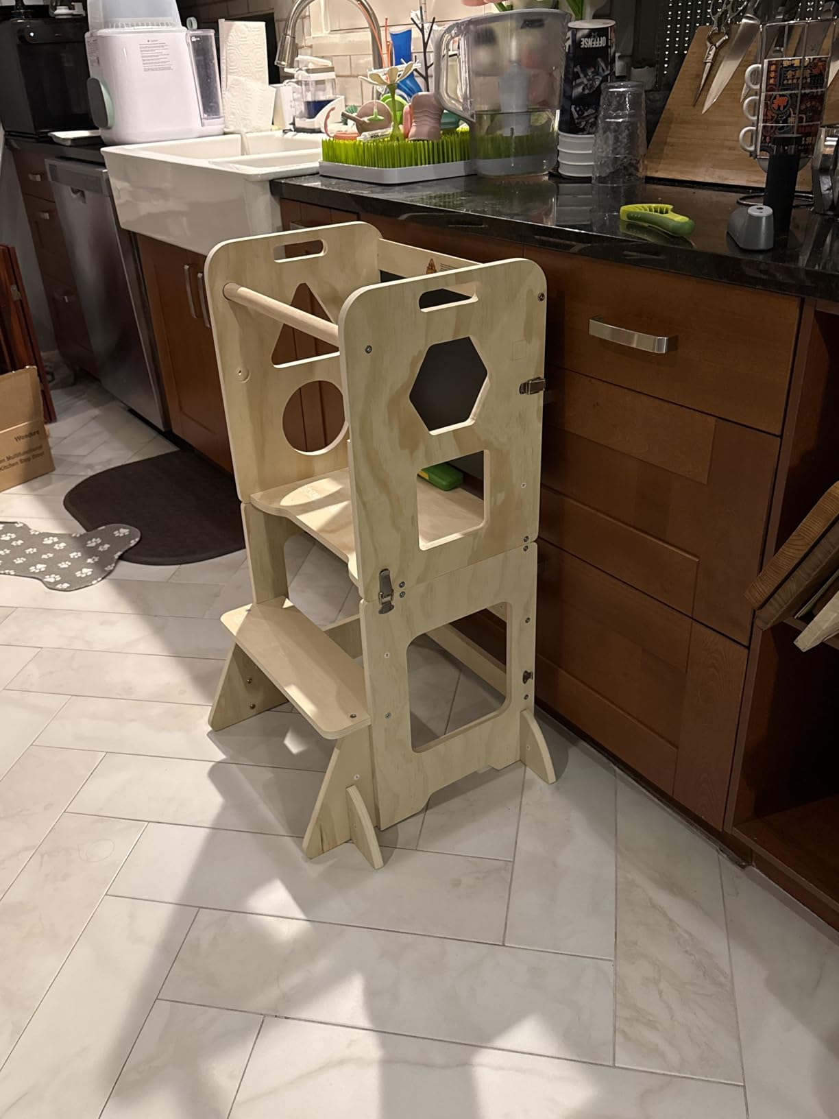 Woodure 3-in-1 Toddler Kitchen Step Stool, Foldable Learning Standing Tower with Blackboard, Wooden Kitchen Stool Helper for Kids customer photo 1