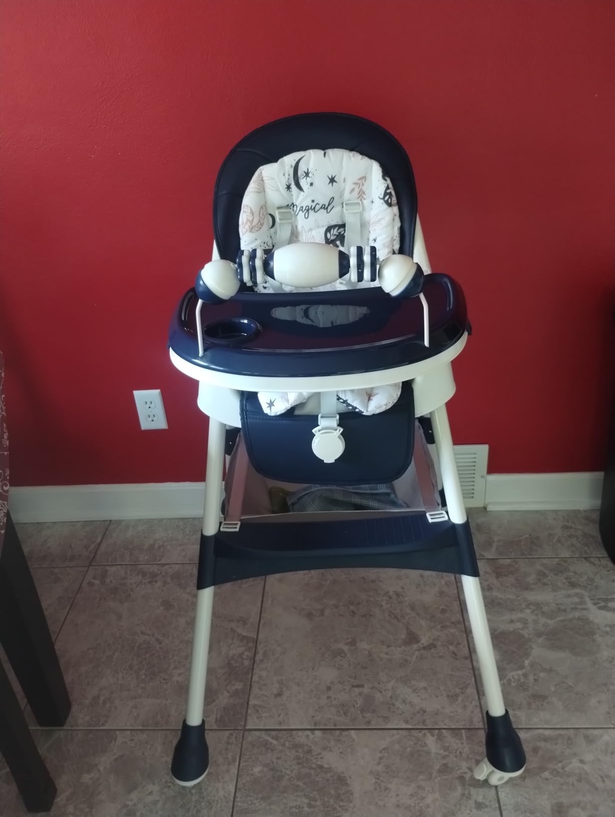 Foldable 4-in-1 Baby High Chair for Babies & Toddlers, High Chair with Detachable PU Cushion, Removable Tray, Adjustable Height, Locking Wheels, Blue customer photo 1
