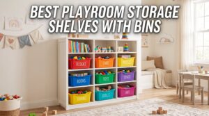 best playroom storage shelves with bins